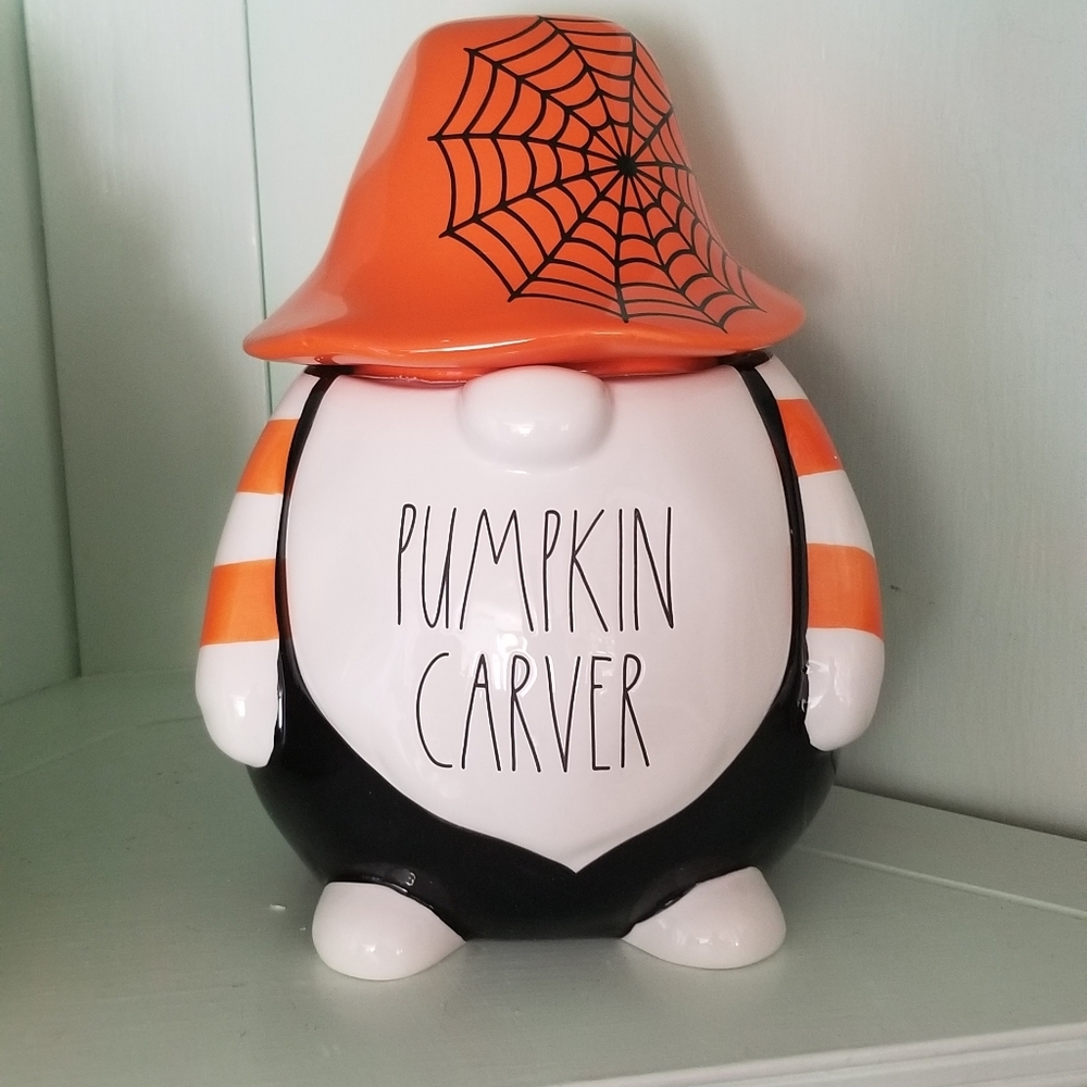 Rae Dunn Pumpkin Carver Gnome Canister Cookie Jar Happy Halloween Trick Treat